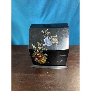 Vintage Hand Painted  Lacquered Floral Wooden Storage Box